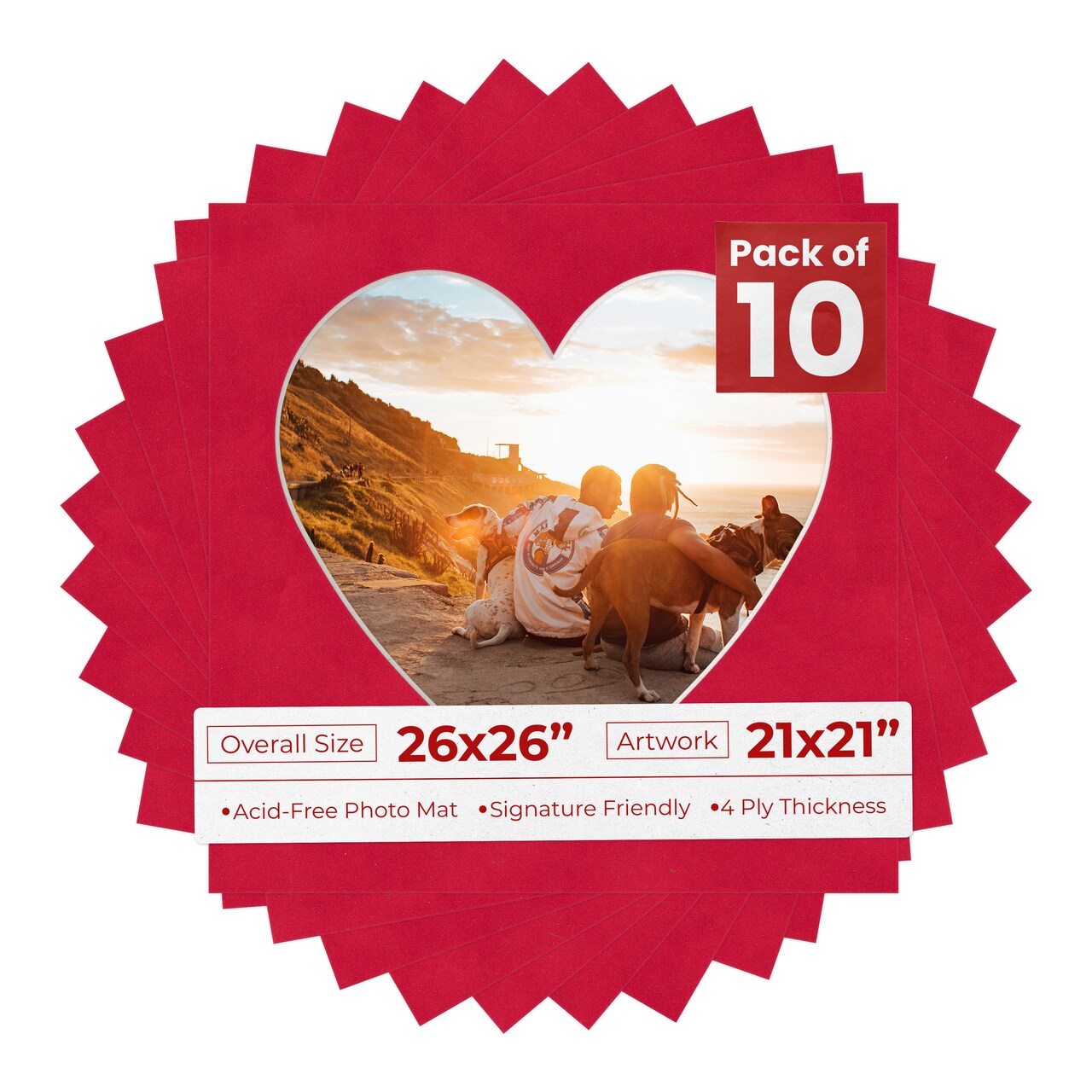 Cherry Red Suede Mat Board for 26x26 Frames - Heart Opening for 21x21 Photos